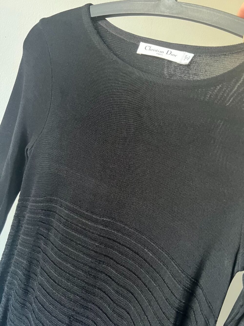 Dior Black Asymmetric Long Sleeve Textured Knit Top FR 36